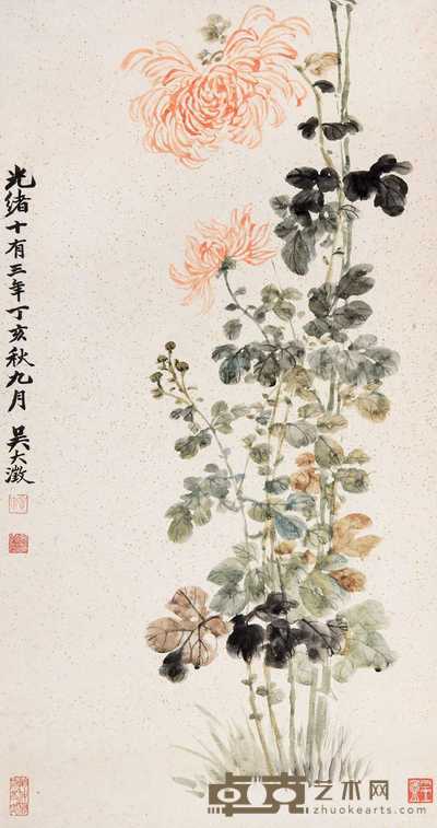 吴大澂 1887年作 花卉 立轴 58.5×31cm